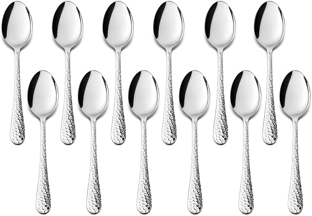 Teaspoons Set of 12, HaWare Stainless Steel Hammered Coffee Spoon, Small Dessert Spoons for Home, Restaurant, Kitchen, Round Edge & Mirror Polished, Dishwasher Safe (15cm)