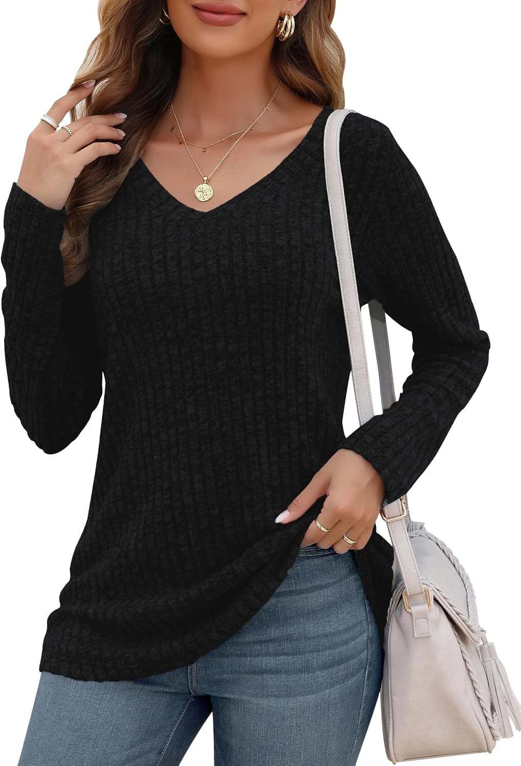 WNEEDU Long Sleeve Shirts for Women V Neck Lightweight Sweater Casual Tops