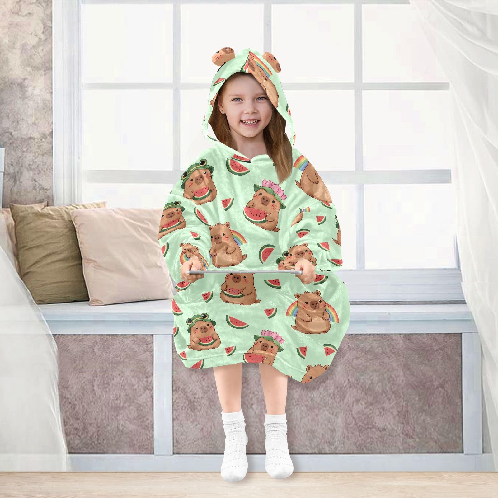 Capybara - Manta con capucha para niños, diseño de sandía, bata de franela suave con orejas y bolsillos, ropa de dormir cálida para niños y niñas