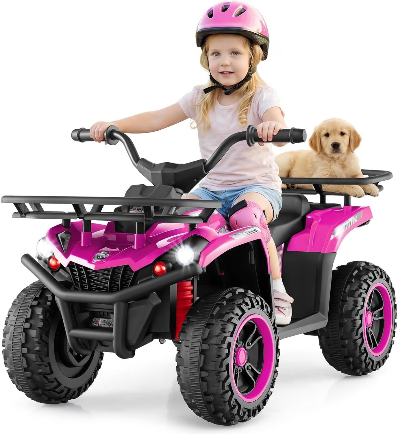 OLAKIDS 12V Kids ATV Quad with 2 Speeds, Spring Suspension, LED Lights, Music & Story Player, Big Tires, 2 Storage Spaces, Ride On Car for Boys Girls Ages 3+ (12V, Pink)