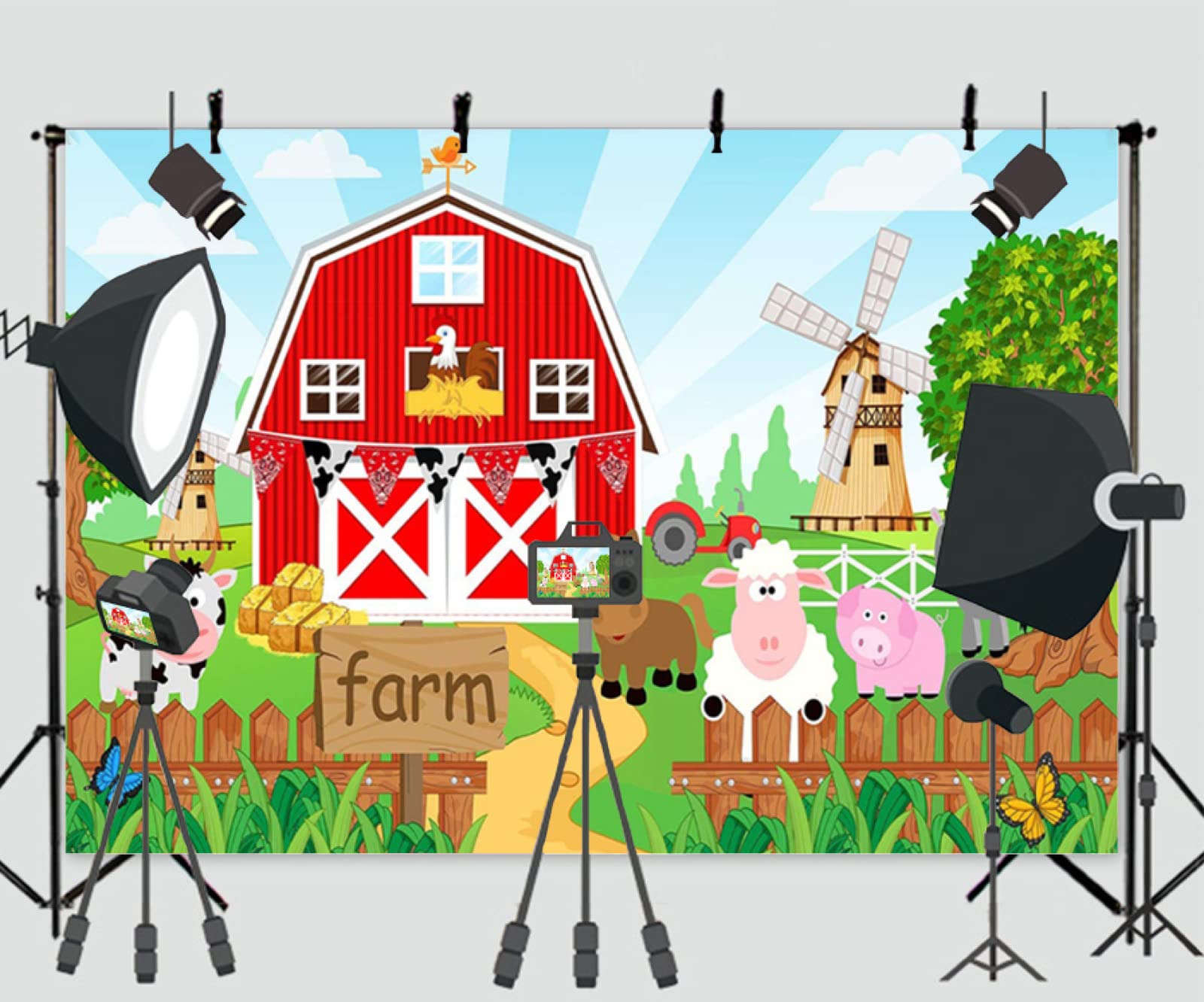 7x5ft Farm Animal Photography Backdrop - Red Barn Birthday Baby Shower Photo Background Banner