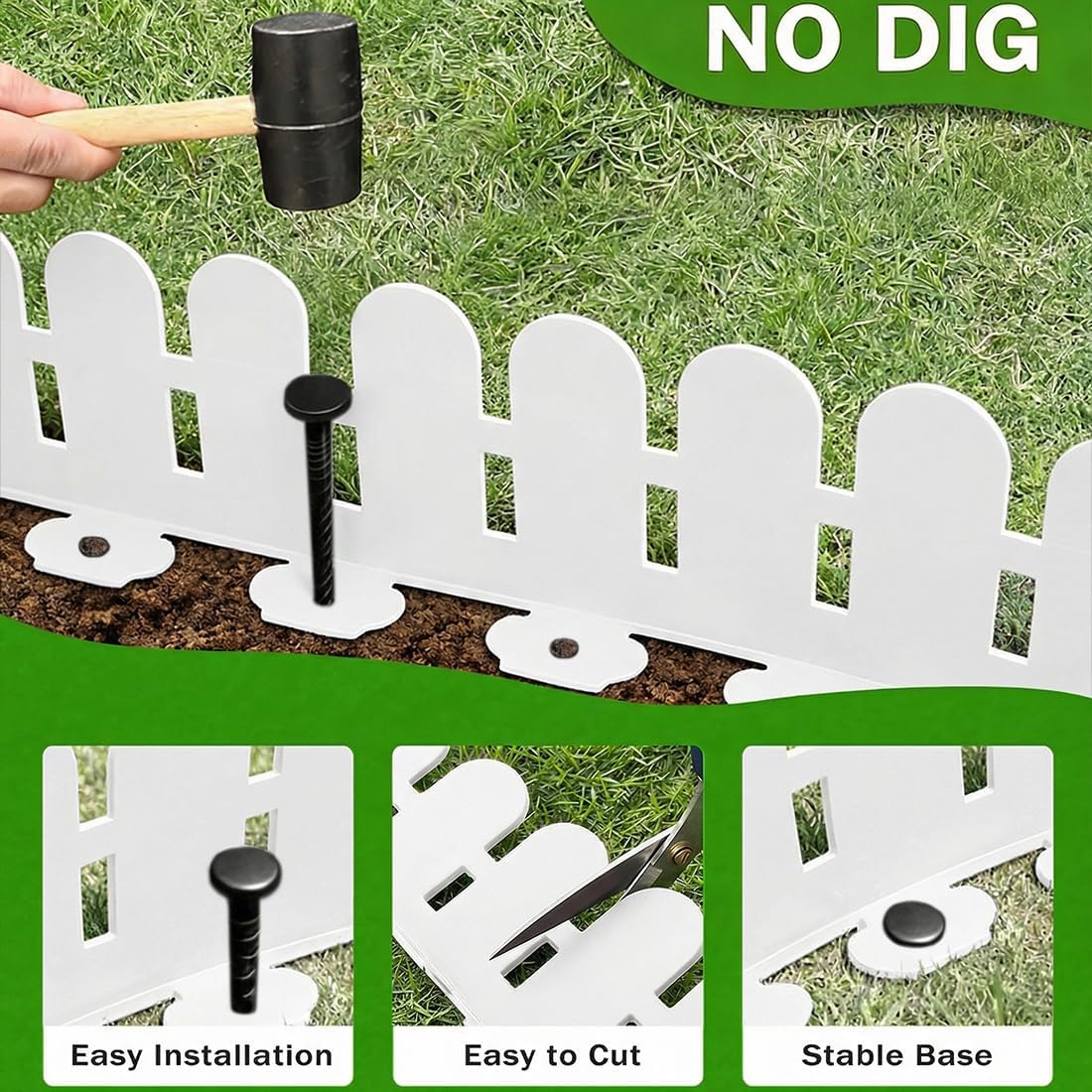 Landscape Edging Borders 5.5IN x 49FT, Garden Edging Border with 75pcs Plastic Spikes, Arched Design Flexible Lawn Edging Without Digging, Landscaping DIY for Tree Flowerbeds Grass Yard -White