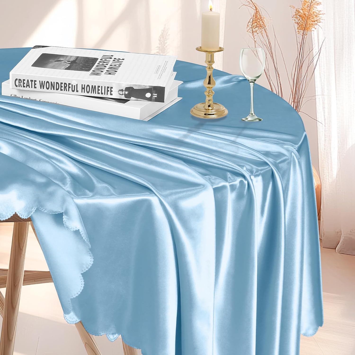10 Pack 90 Inch Light Blue Round Satin Tablecloths Round Satin Table Cloths, Overlay Silky Tablecloths Dining Table Covers for Wedding, Party, Banquet, Events, Reception, Dinner