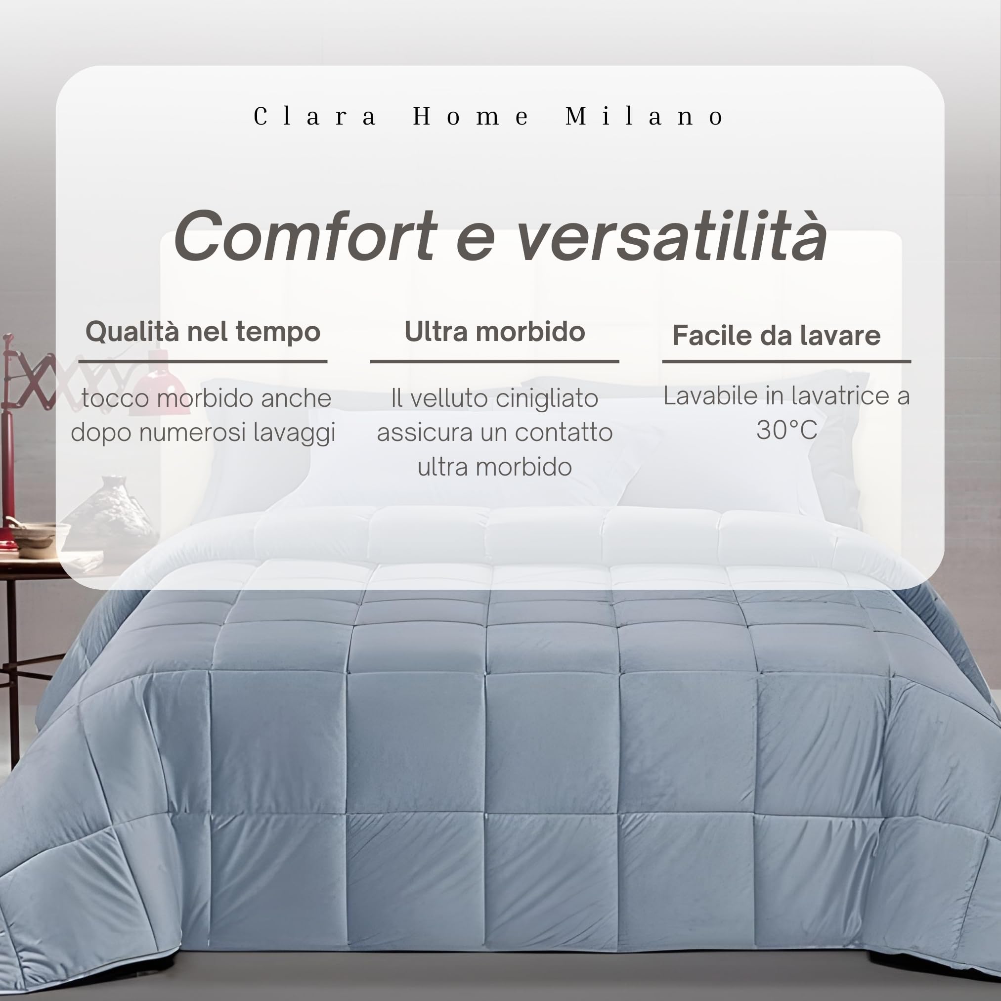 CLARA HOME Trapunta Una Piazza e Mezza Invernale 350 gr/mq, Piumone in Velluto Cinigliato Color Polvere Effetto Caldo Avvolgente, Made in Italy
