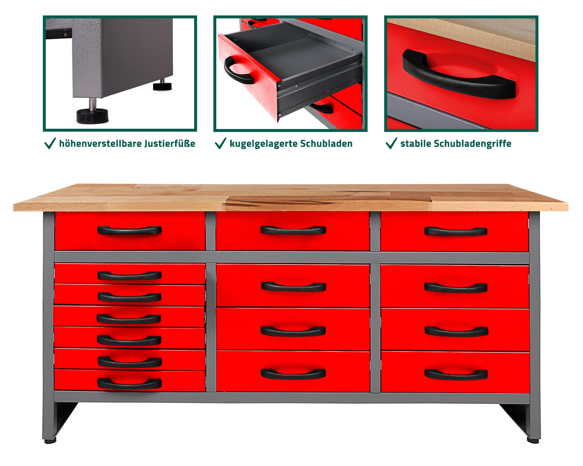 Ondis24 Werkbank Konny Werktisch Packtisch 15 Schubladen 160 x 60 x 85 (H) cm Werkstatteinrichtung Buchenholz, Metall bis 450kg belastbar