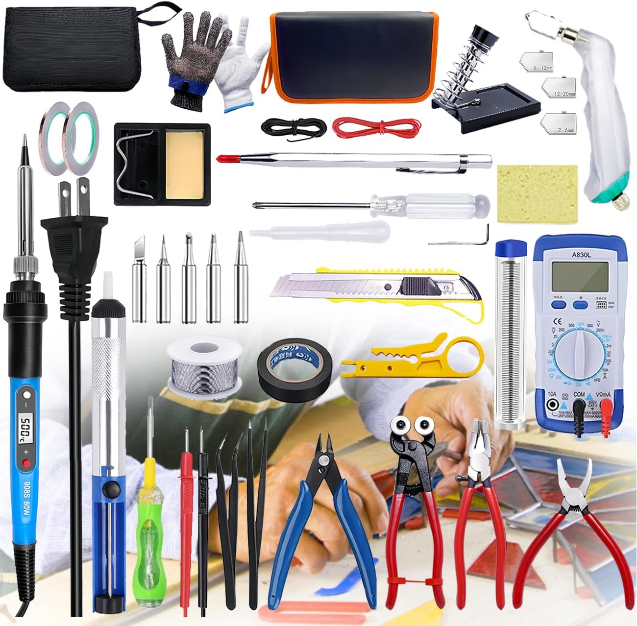Stained Glass Kit for Adults Beginners, 30 PCS Tool Set with Glass Cutter, 80W Soldering Iron, Solder Wire, Cut Resistant Gloves Complete Stained Glass Supplies