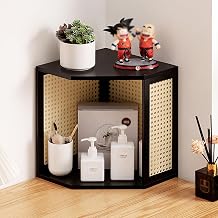 JSLJJBD Bamboo Corner Desktop Shelf Stackable Freestanding Storage Organizer with Rattan Design Multi-Tier Corner Rack for Home Office Bathroom Bedroom Decor Supplies Black Reticulation