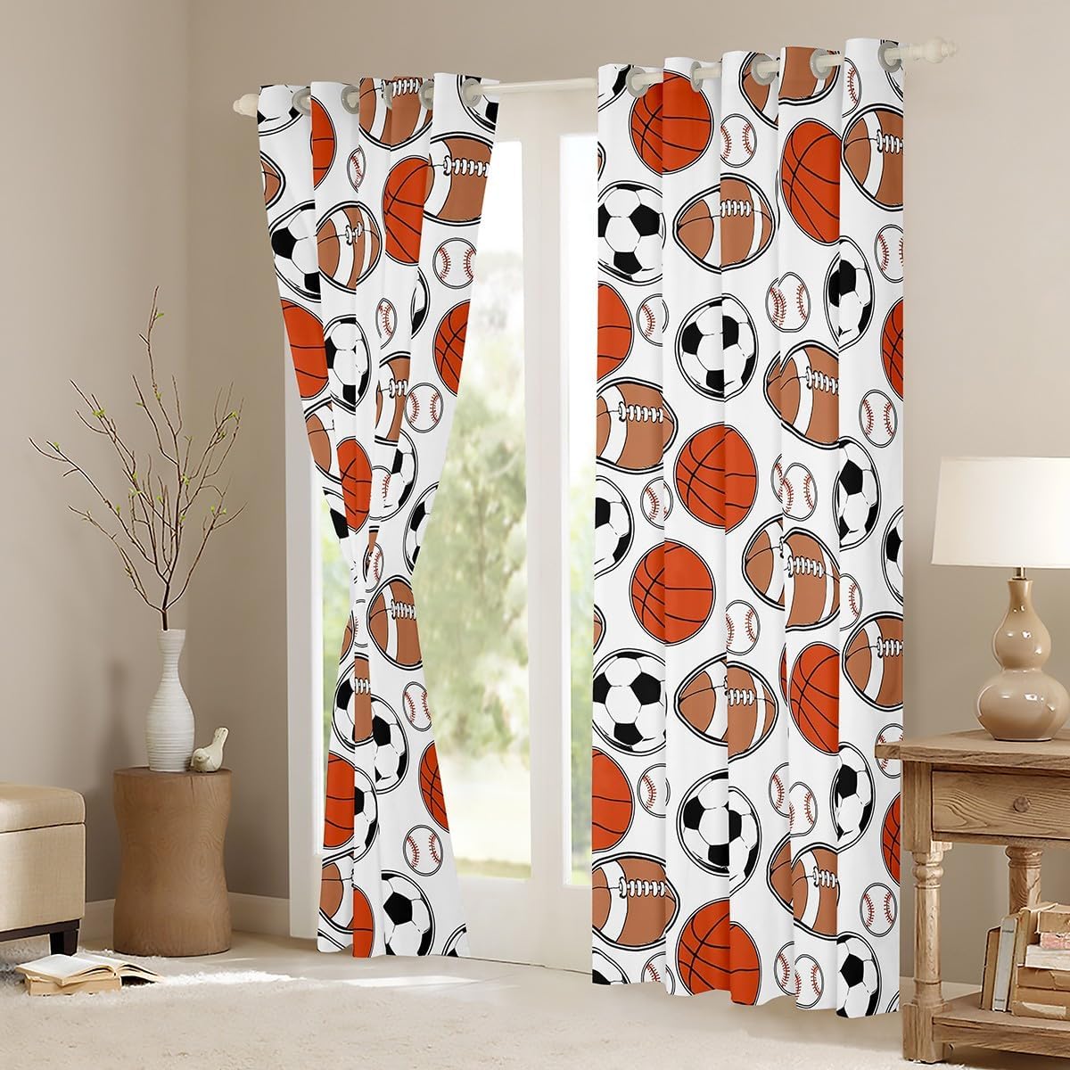 Feelyou Basketball Curtains for Bedroom Living Room (2 Panels, 38 x 45 Inch) Football Darkening Drapes Football Soccer Blackout Curtains Rugby Baseball Sports Theme Window Treatments