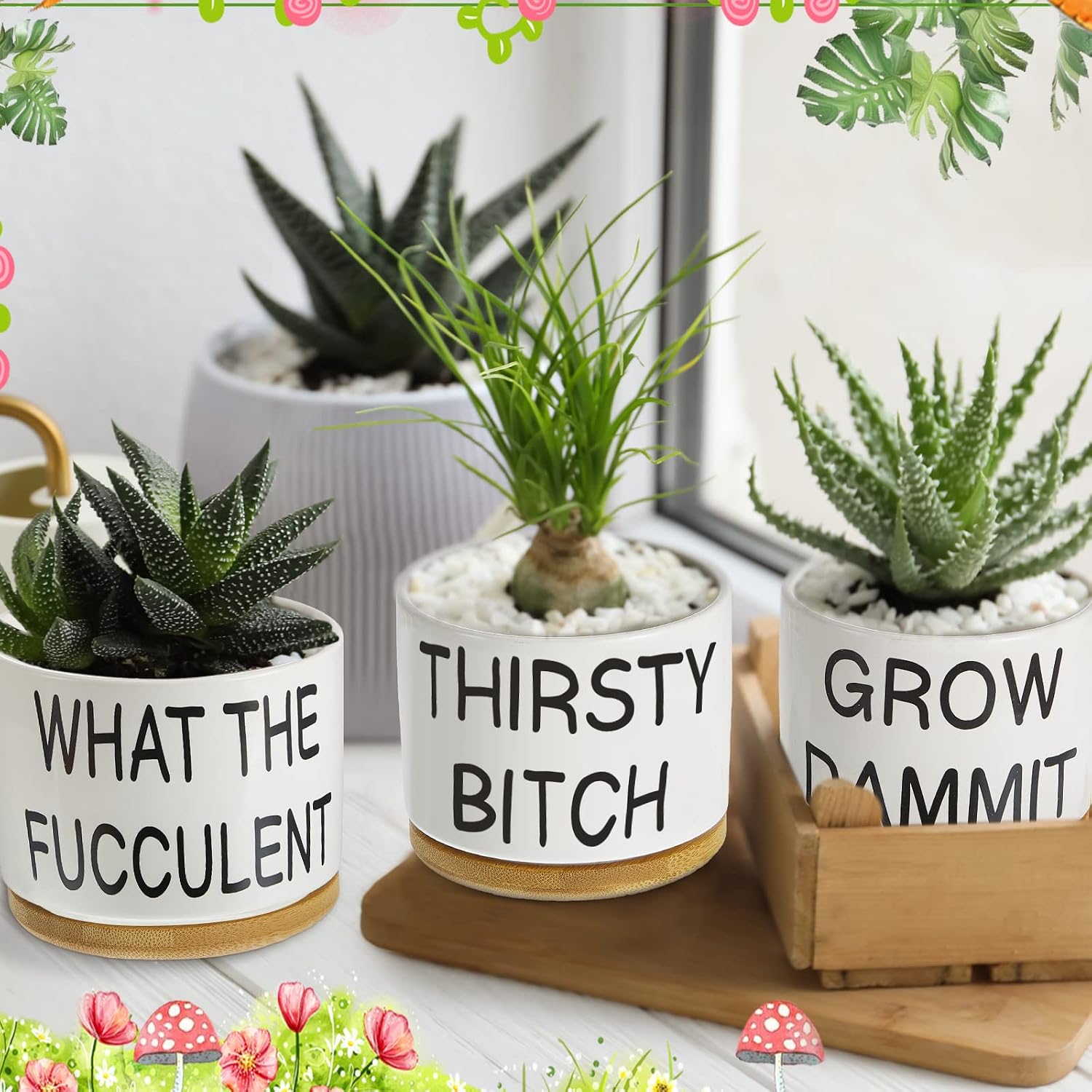 Suclain 6 Set Succulent Flower Cactus Planter Gifts Plant Cactus Flower Ceramic Funny Planter Pots Succulent Planters with Drainage Hole and Bamboo Saucers for Women Men Party Favor
