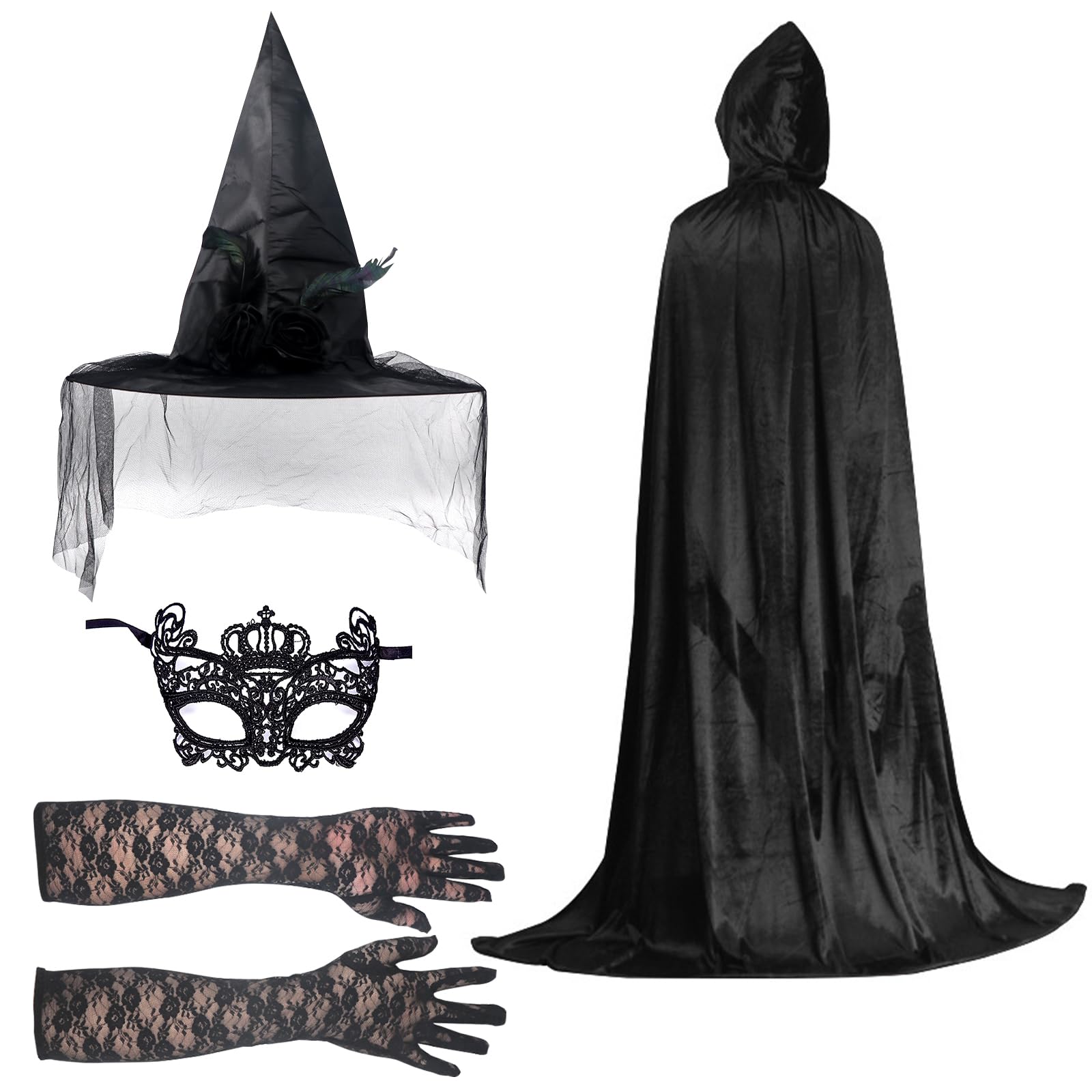 Celebration Directre Halloween Witches Costumes for Women Black Hooded Cloak Velvet Cape Lace Long Gloves Witch Hat Lace Masks Cosplay Accessories for Halloween Masquerade