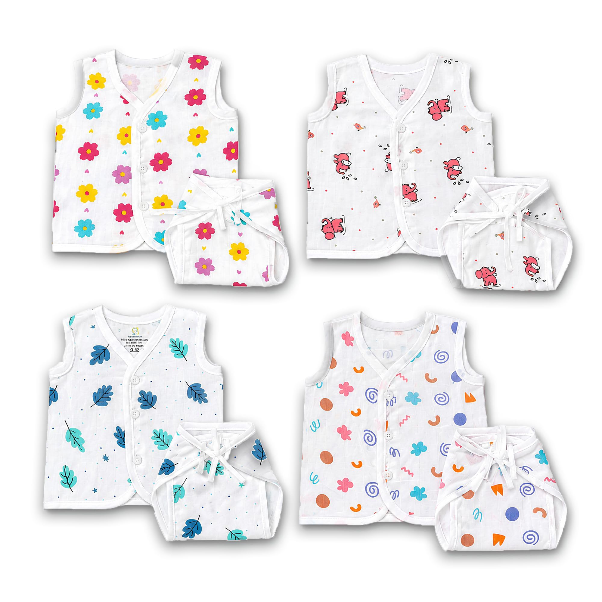 Jabla and Nappy Set for New Born Baby 0-6M Pack of 3 | Organic Muslin Cotton Jhabla Set | Sleeveless Front Open Button Soft Breathable Infant Clothes | Printed Baby Vest for Boys & Girls-image-10