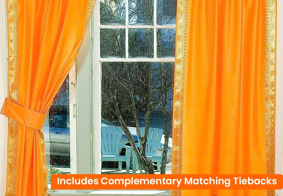 Handcrafted Pumpkin Indian Sari Curtains, Tiebacks Included Lined Tie Top Sari Sheer Curtains, 43" W x 24" L, Privacy & Insulation for Living Rooms, Bedrooms, and Dining Rooms, Sold in Pairs