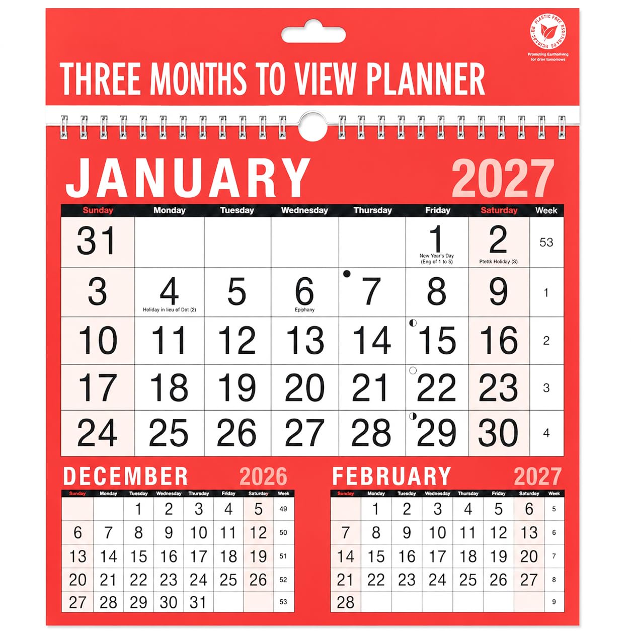 2027 Calendar 3 Month to View Wall Calendar Spiral Bound Monthly Wall Planner Red & Black Calendar with Large Writing Space, UK Holiday, Festivals, Moon Phases for Home Office School Business