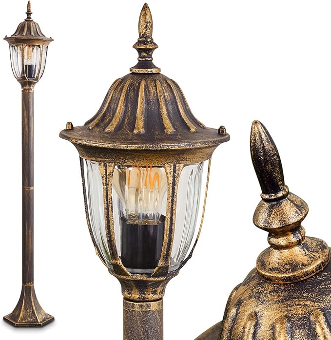 hofstein Buitenlamp Ribadeo, staande lamp in antiek-look, gegoten aluminium in zwart/goud met heldere glasruiten, padlamp 110 cm, retro/vintage tuinlamp, E27 fitting, IP44, zonder gloeilampen