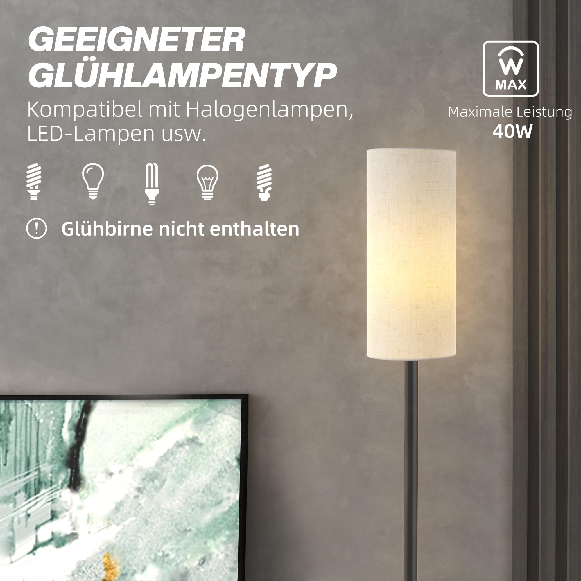 HOMCOM Lampe sur pied avec abat-jour en tissu, douille E27, blanc
