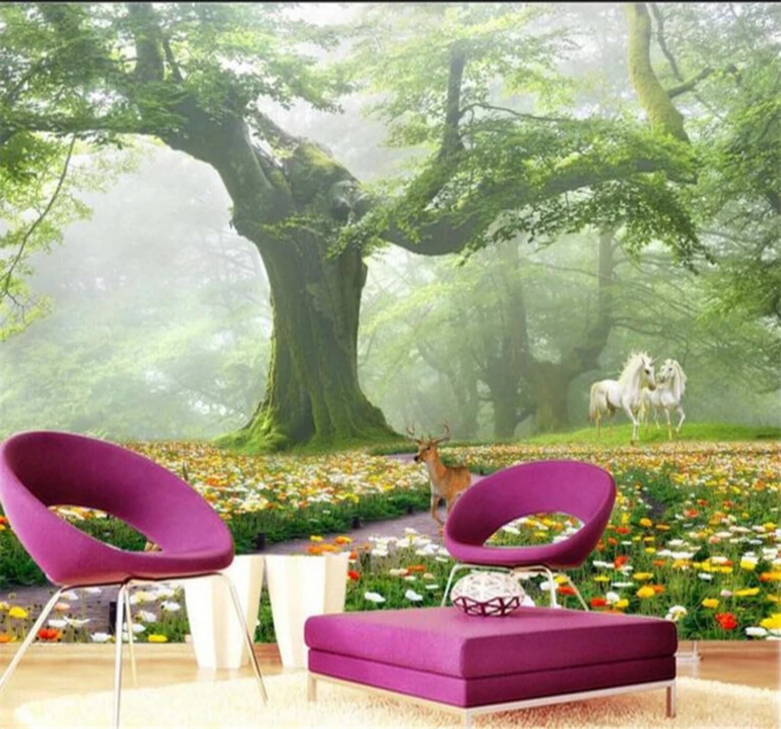 Xlming 400Cm×280Cm(B×H) Fantasy Forest Garden White Horse Fawn 3D Wallpaper Luxury Silk Study Dining Feature Sofa Grey Bedroom Living Room Tv Decorative Wall-400Cm×280Cm