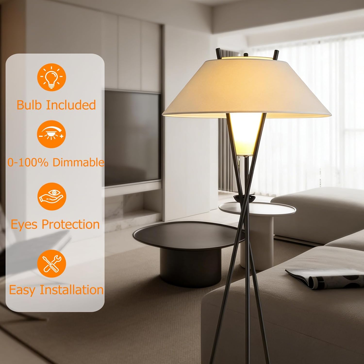 Mid Century Floor Lamp For Living Room Dimmable Standing Light with E27 Bulb Fabric Shade With Foot Switch Bedroom Corner Lamps Tall Lighting For Reading Studying Home Decor (Led Included)