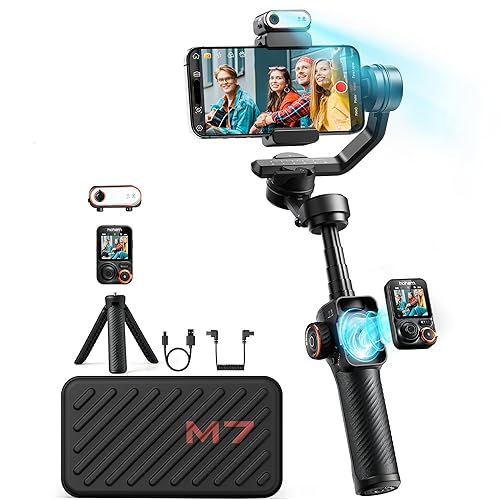 hohem iSteady M7 Gimbal Stabilizer for iPhone, Phone Gimbal with AI Tracking, 1.4" Detachable Touchscreen Remote, Built-in Extension Rod, Fill Light, Phone Stabilizer for Video Recording, YouTube - Black - 12.87*4.81*4.66 inch