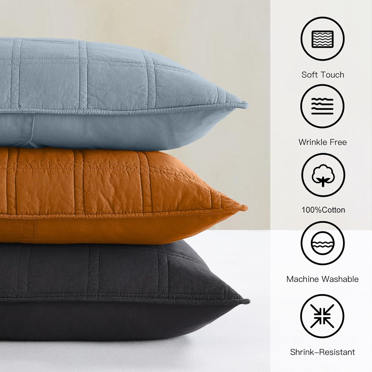 HORIMOTE HOME 100% Cotton Quilted Pillow Shams King Size, Burnt Orange Pre-Washed 2 Pack 20" x 36" Cozy Pillowcases, Breathable Stitching Pillow Cases Cover Decorative for Bed in Geometric Pattern