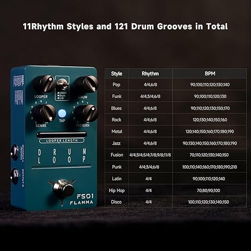 Miniatura 55 de FLAMMA FS03 - Pedal de efectos de guitarra con delay estéreo digital, bucle, 6 efectos de delay almacenables preestablecidos, Tap Tempo, Trail On