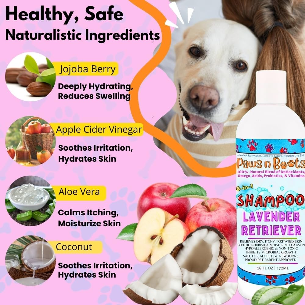 6-in-1 Dog Shampoo - Fast Relief for Allergies, Dry, Itchy, Skin. Premium & Beneficial Ingredients to Repair and Nourish The Skin/Coat. 100% Natural, Organic, Plant-Based, Lavender-Retriever