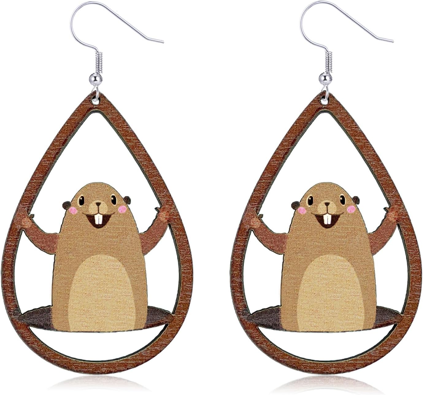 INLOLLYHandmade Wooden Groundhog Earrings Cute Funny Groundhog Day Earrings for Women Girls, Animal Earrings Holiday Earring Suit for Groundhog Costume Accessories Gifts