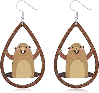 Wooden Groundhog Earrings Cute Groundhog Day Earrings for Women Girls Prairie Dog Groundhog Day Jewelry Gifts Costume Accessories