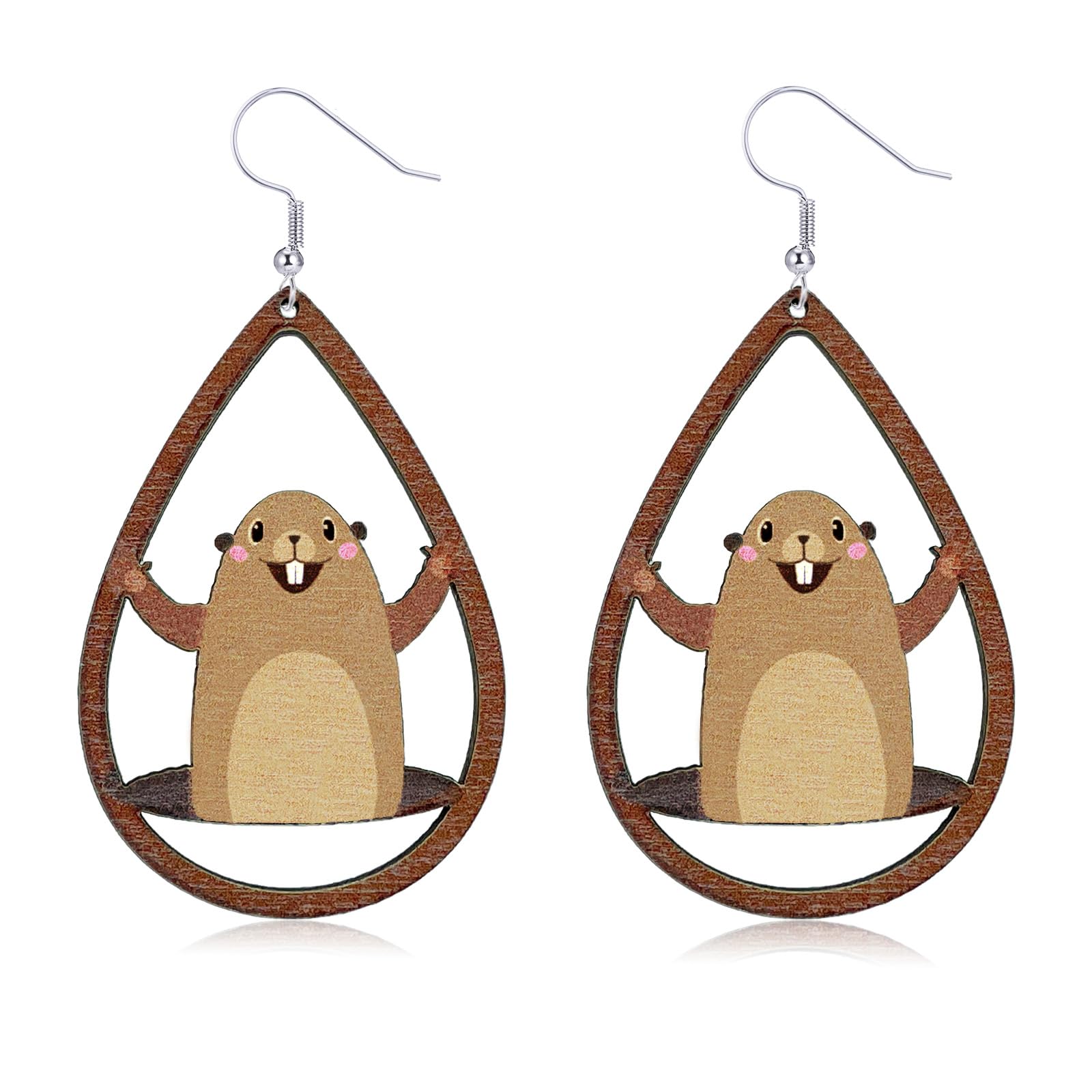 INLOLLYHandmade Wooden Groundhog Earrings Cute Funny Groundhog Day Earrings for Women Girls, Animal Earrings Holiday Earring Suit for Groundhog Costume Accessories Gifts
