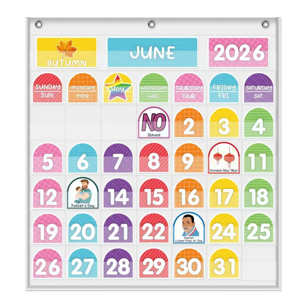 Calendario de aula, calendario de bolsillo, calendario para niños, calendario montado en la pared, calendario con 96 tarjetas coloridas, para el hogar o jardín de infantes y calendario de aula