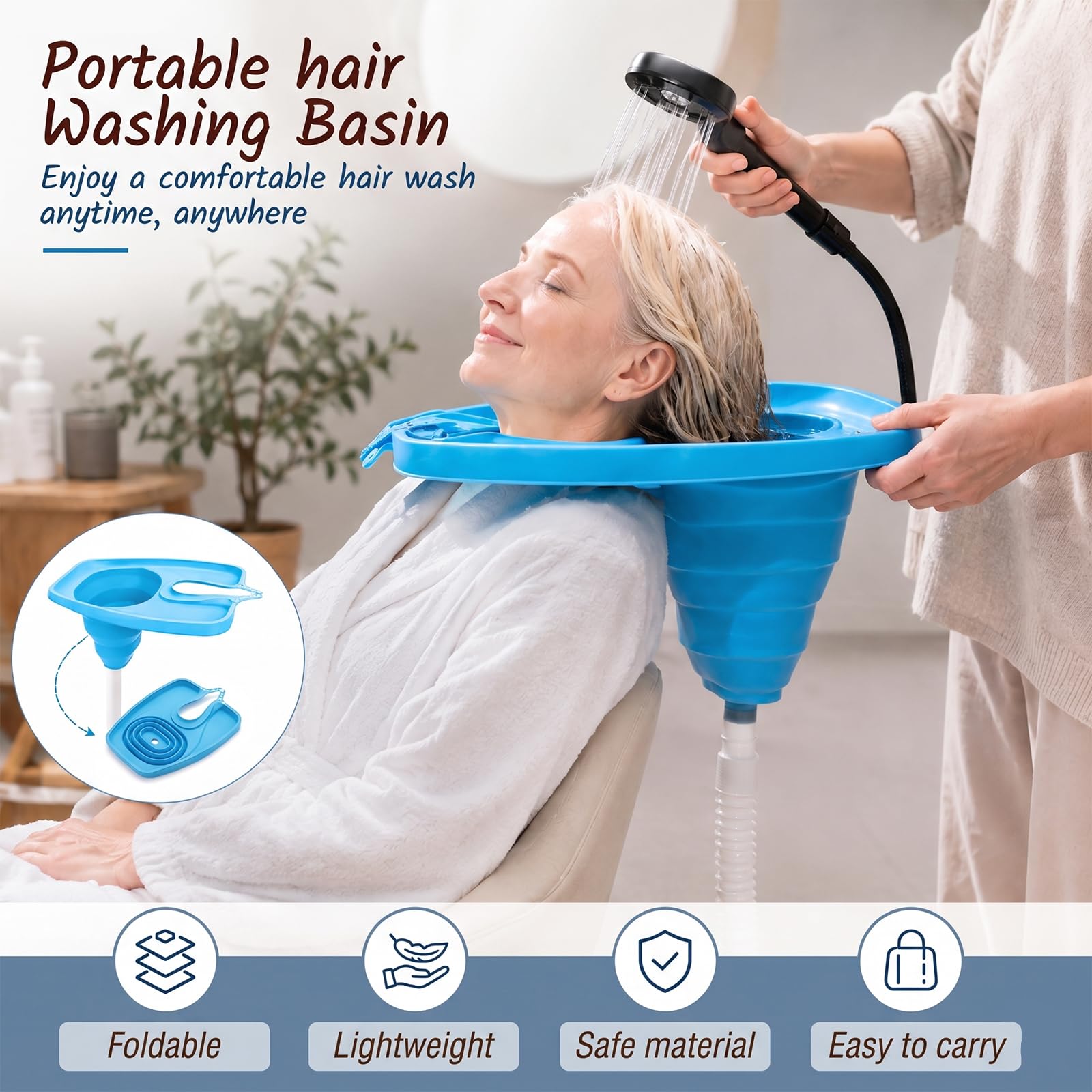 Lavabo plegable para el pelo postrado en cama, lavamanos de champú móvil, lavamanos de cabeza portátil con drenaje, ahorro de espacio, para personas mayores, embarazadas, salones y niños