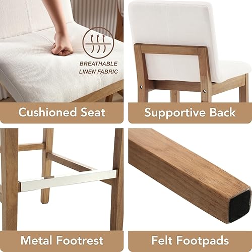 Miniatura 3 de chairus Juego de 2 taburetes de bar altos de tela, taburetes de bar tapizados de lino con patas y respaldo de madera maciza para cocina, isla de