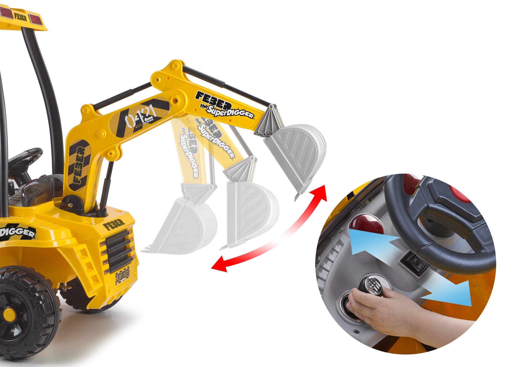 Feber - Super Digger - Pelle à Batterie 12V avec Chargeur Inclus, Détails Réalistes, 3 Leviers pour Changer la Direction de la Pelle, Enfants 3 Ans, Poids 30 kg, Famosa (800012320)