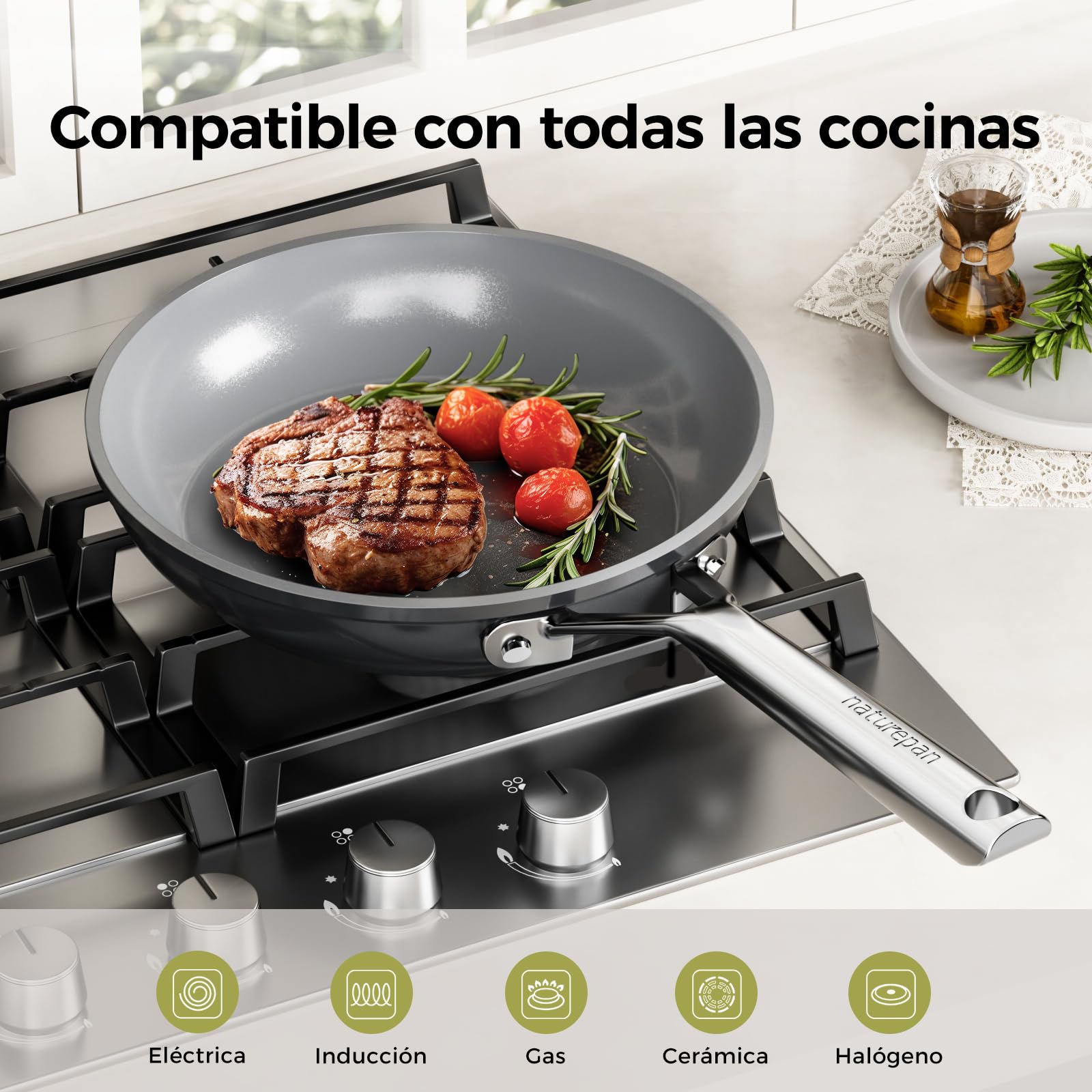 DiamondTitan Set 3 Sartenes Cerámicas (20+24+28 cm), Antiadherente para Todas Cocinas, Sin PTFE PFAS PFOA, Aptas para Horno, Lavavajillas con Mango que Permanece Frío (Gris)