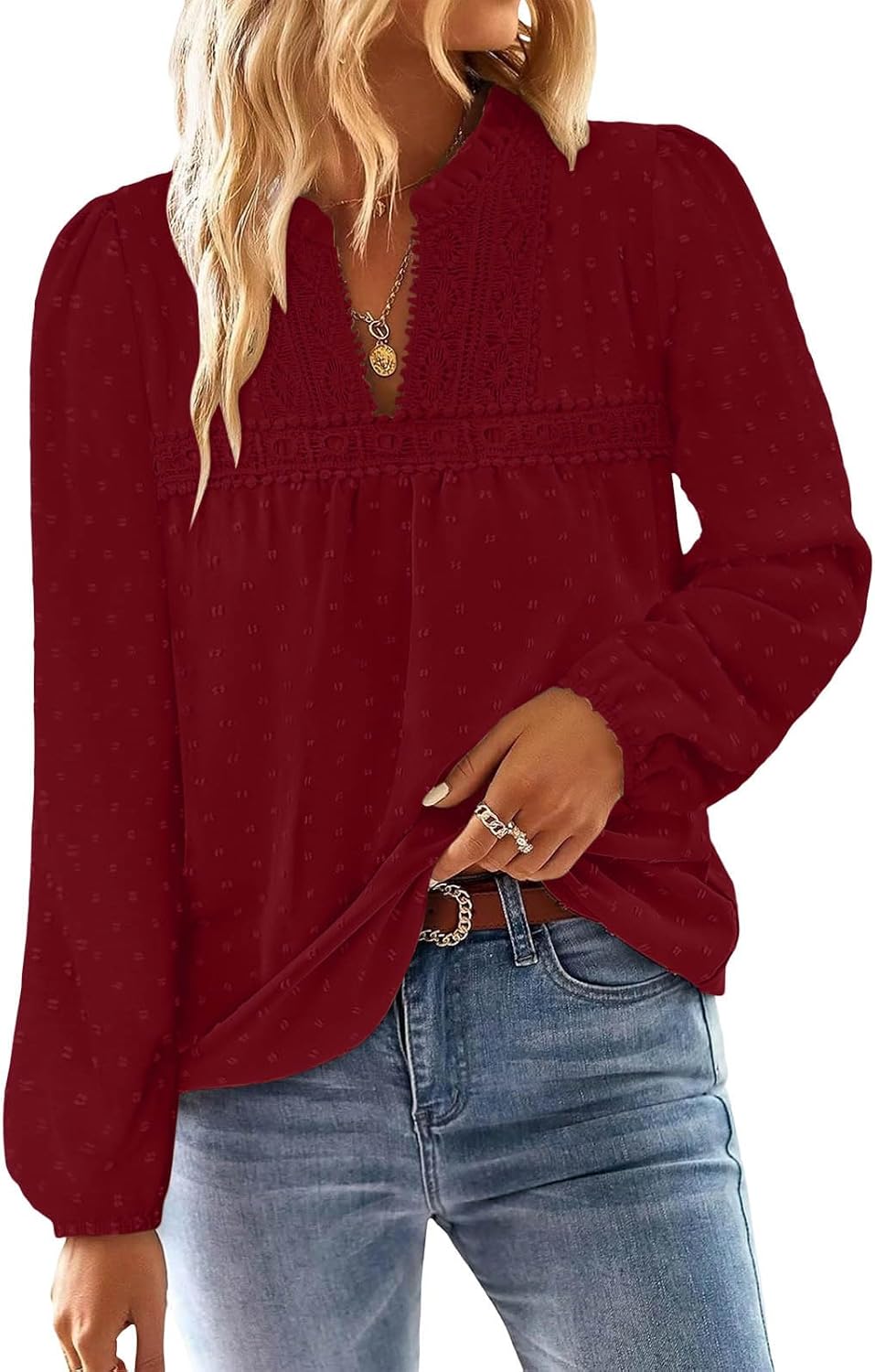 Boho Tops for Women Spring Summer Thin Long Sleeve Shirts Dressy Casual V Neck Fashion Tops Swiss Dot Flowy Blouses