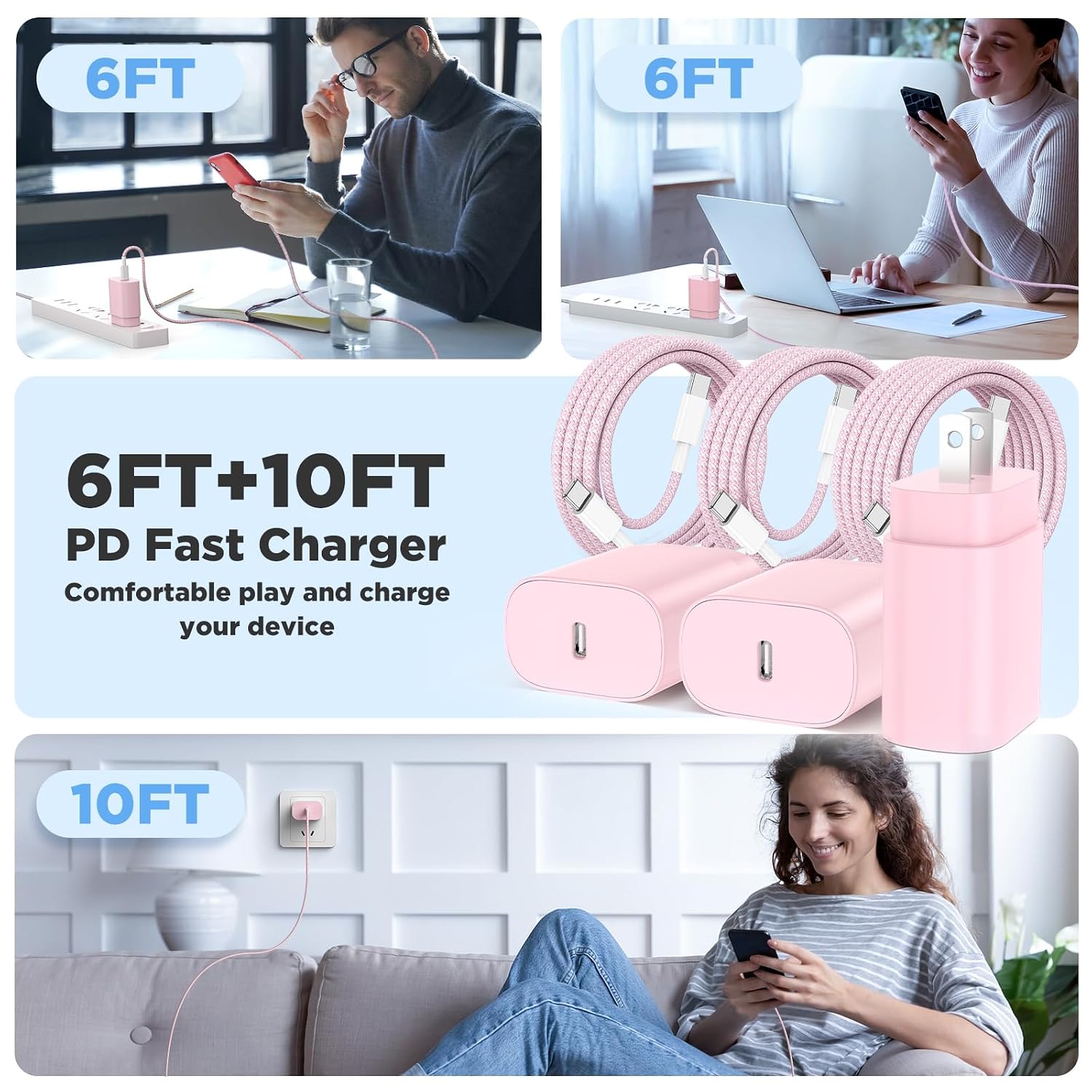 Hzevn 25W USB C Super Fast Charging Charger for Samsung Galaxy Phone, 3Pack Quick Charger Block with Braided Long USB C to C Cables (6/6/10ft) for Samsung Galaxy S25/S24/Plus/Ultra, Android/iPhone 17