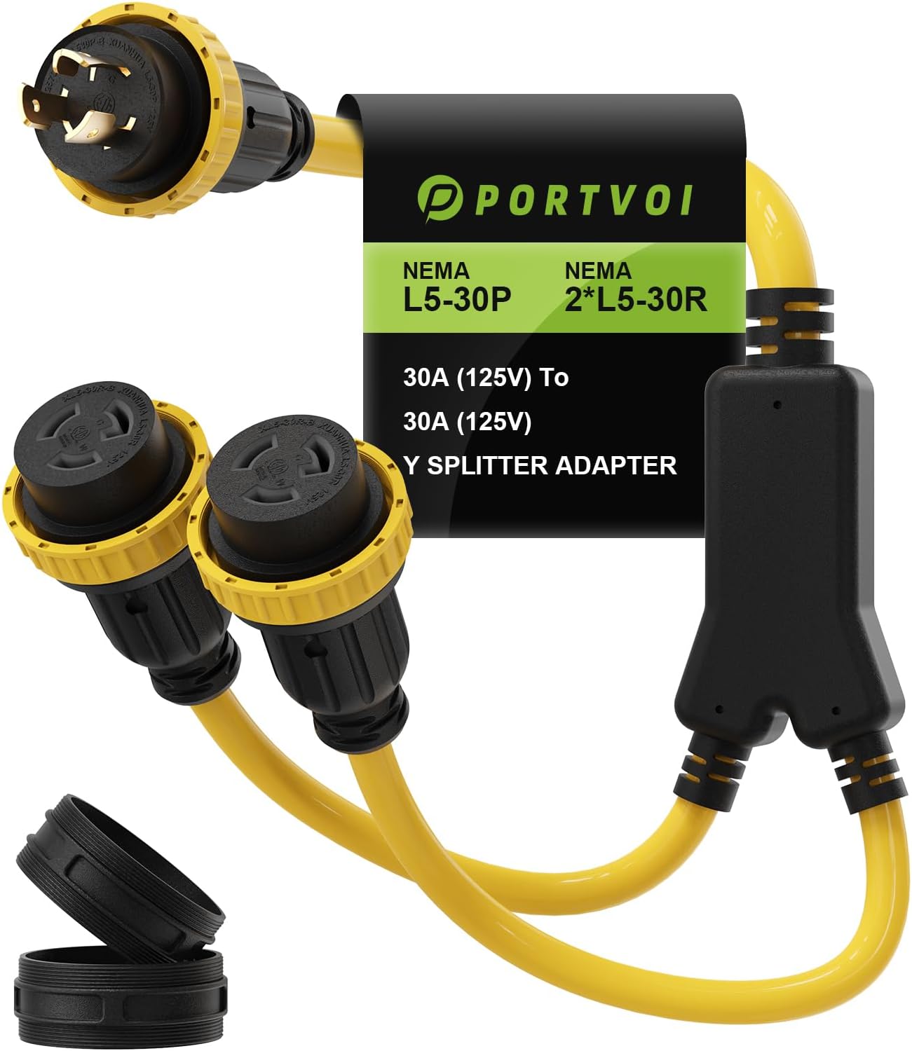 NEMA L5-30P to Dual L5-30R Marine Shore Power Splitter Cord, 30 Amp 125V Male to Two 30 Amp 125V Female Locking Adapter with Waterproof Seals, Heavy Duty STW 10AWG, 3FT