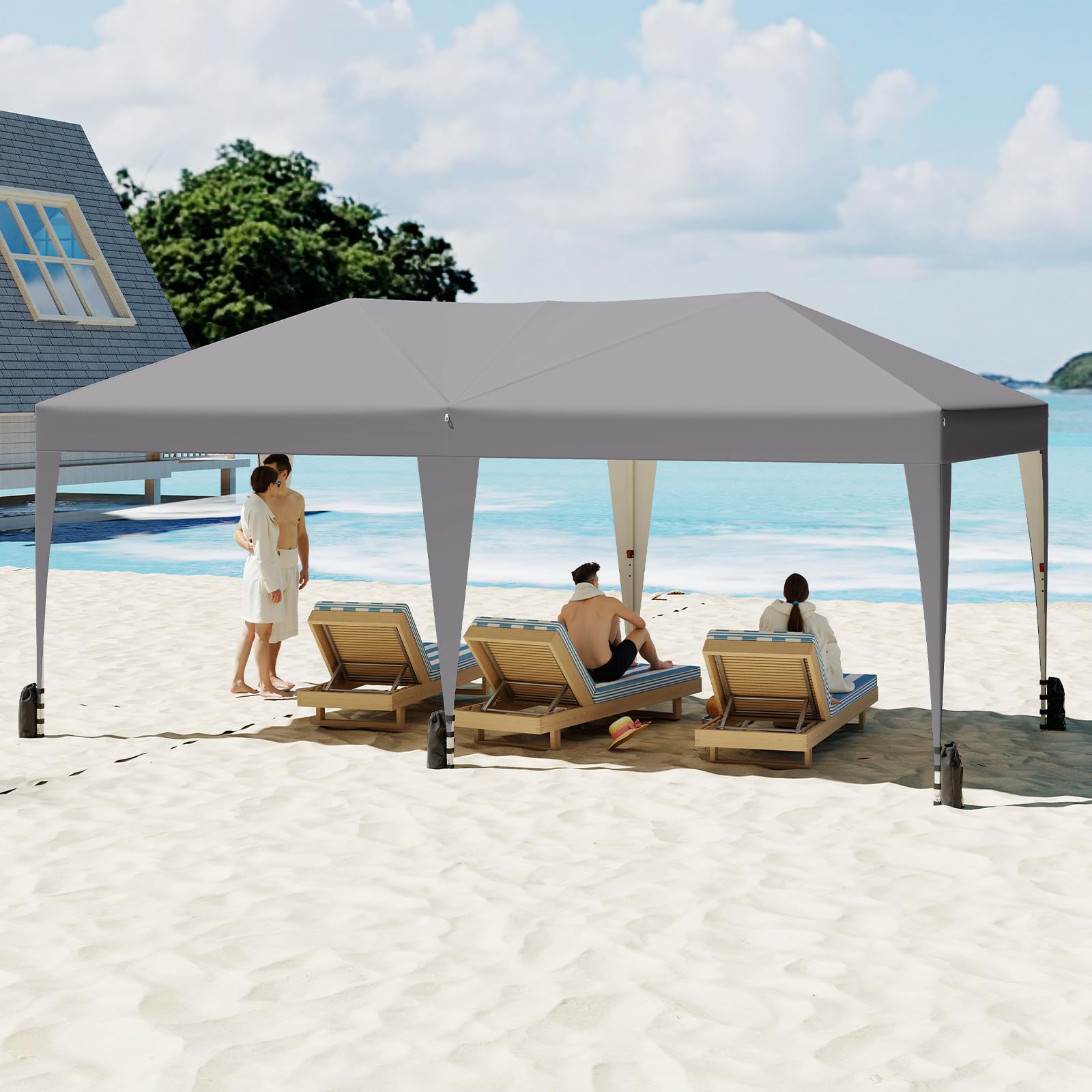 COSTWAY 3x5,9 m Gazebo da Giardino Pieghevole, Regolabile in Altezza, Gazebo Esterno Impermeabile Antivento con Borsa a Rotelle, Montaggio Veloce, Tendone per Feste, Mercati e Matrimoni (Grigio)