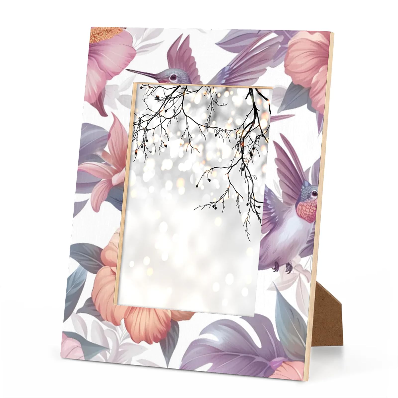 Foerrkelg Hummingbird Floral Picture Frame 5x7, Hummingbird 5x7 Photo Frame Horizontal & Vertical Display 5 by 7Wooden Picture Frame for Desktop or