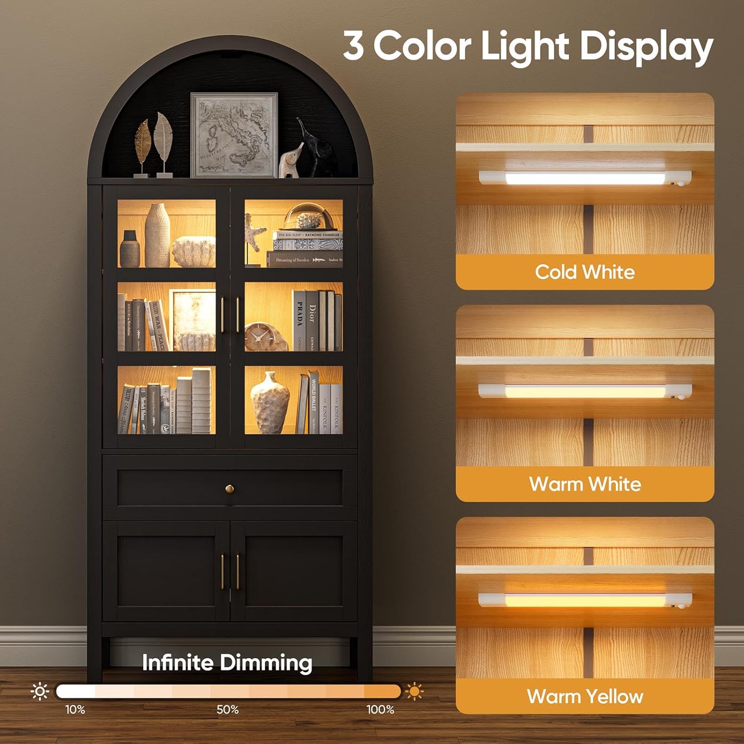 71" China Arched Storage Cabinet with Glass Doors, Display Cabinet with3 Color Lights, Modern Glass Display Case, Kitchen/Living Room