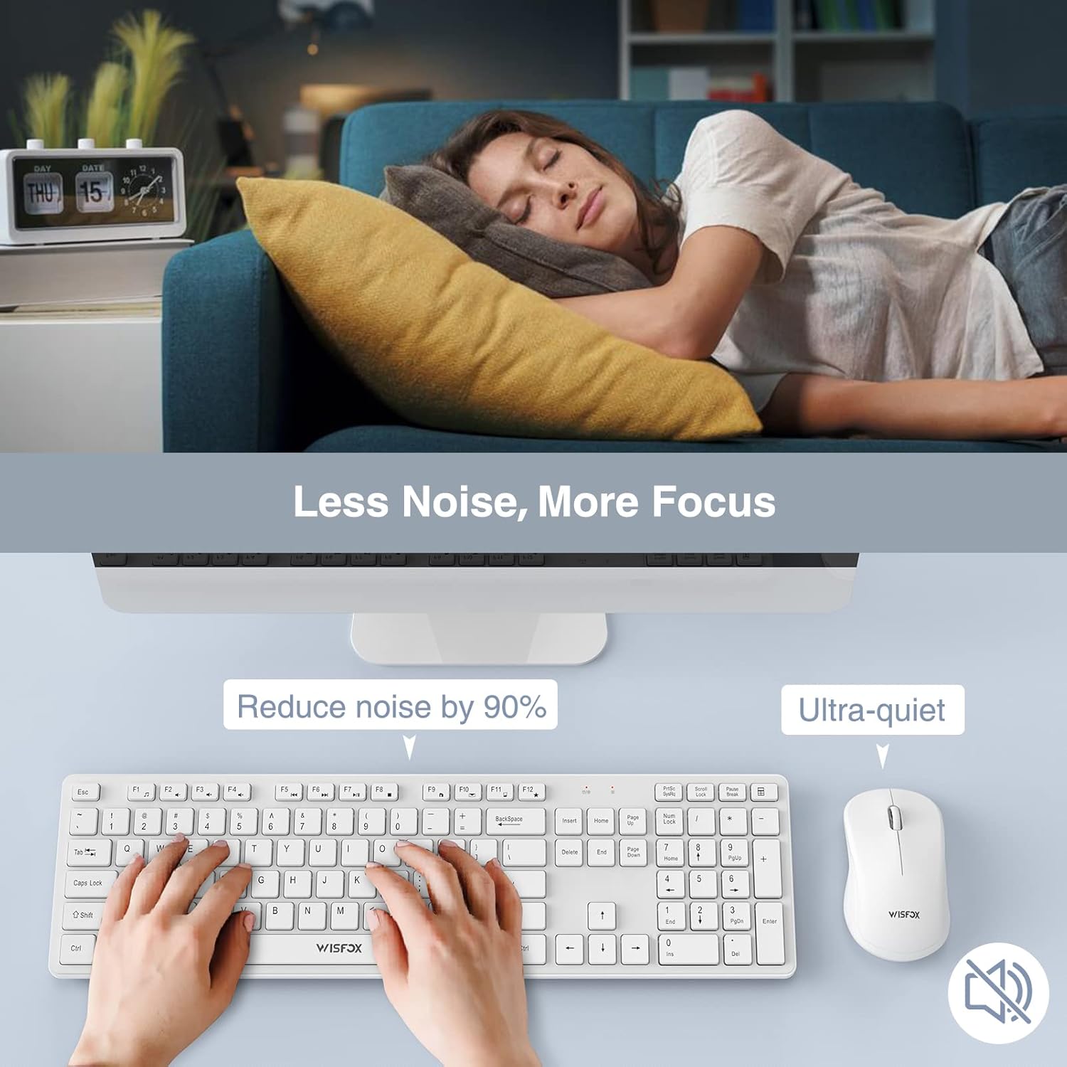 Image illustrating quiet operation of the keyboard and mouse, with a person sleeping peacefully