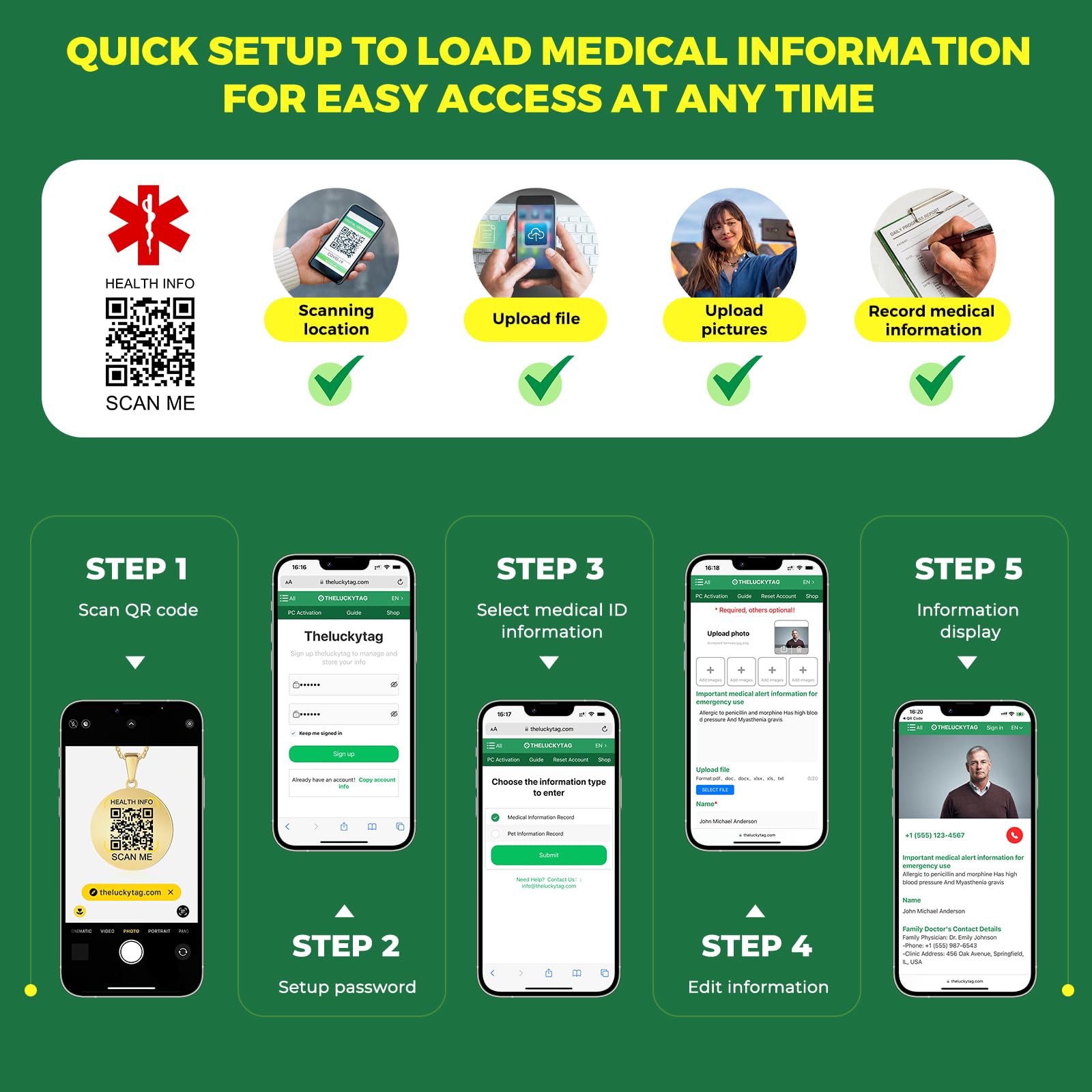 Collar de alerta médica para hombres y mujeres, collar médico de 19 pulgadas grabado con código QR, collar de identificación médica, más espacio personalizado en línea información médica