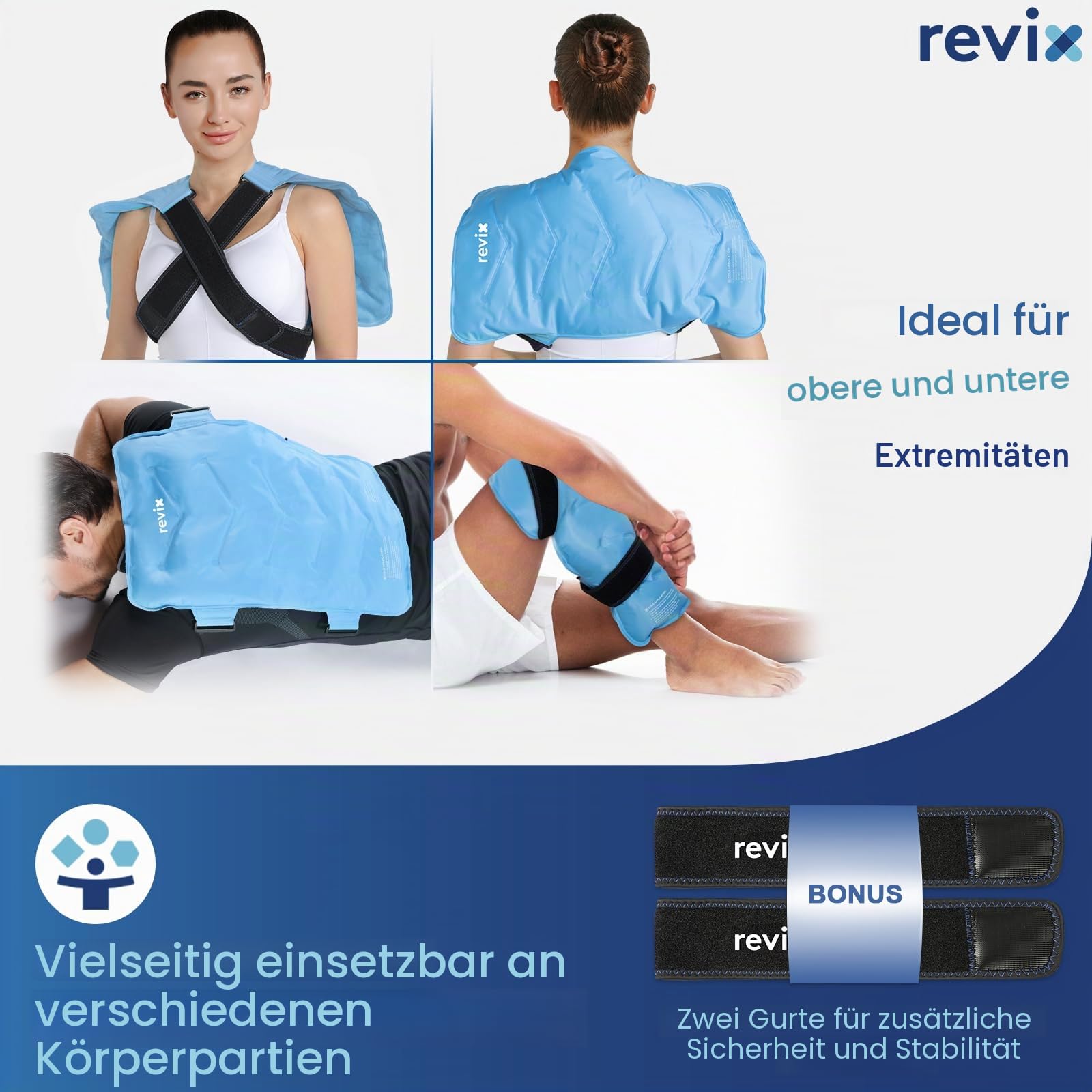 REVIX Großes Kühlpad für Rücken und Schultern (33 x 54 cm) – Wiederverwendbare Gel-Kältekompresse mit weicher Plüschabdeckung und 2 Gurten, XXL