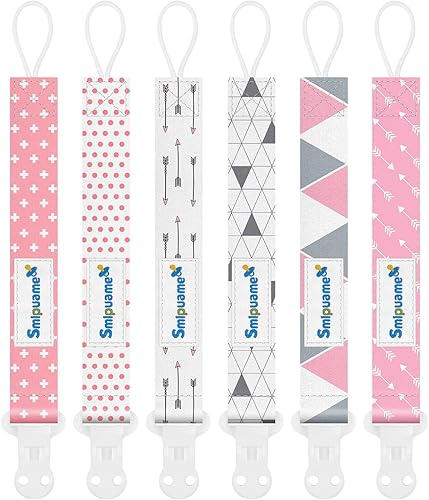 Smlpuame Pacifier Clip Girl,6 Pack Stylish Binky Clips Strap for Baby Girls,Paci Holder with Clip Lightweight Universal Fits Most Pacifiers Teether Toy Teething Ring Soothie,Baby Gifts(Pink & Grey)