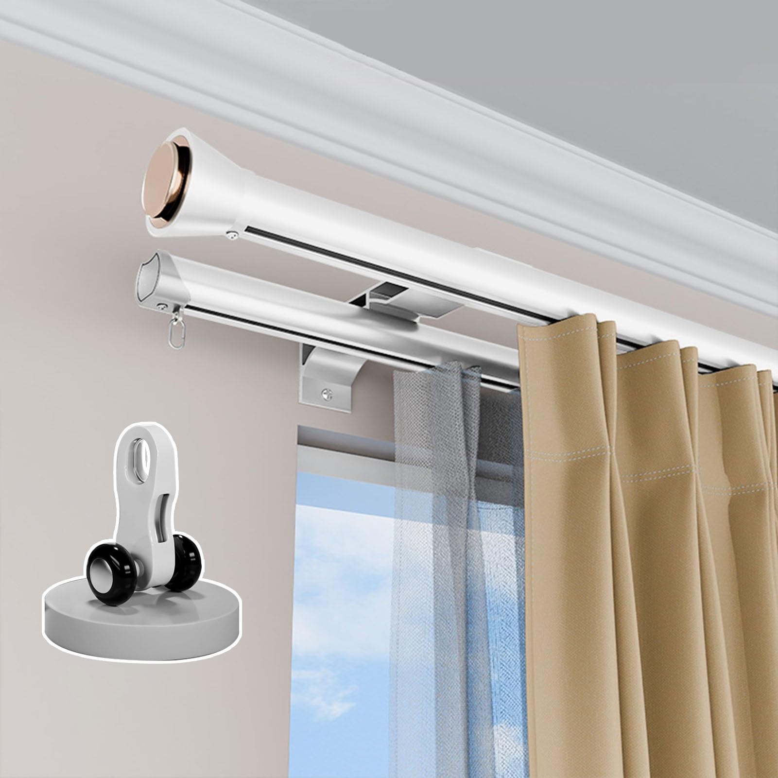 Système de rails à rideaux muraux doubles alu robuste blanc salon 1,4m
