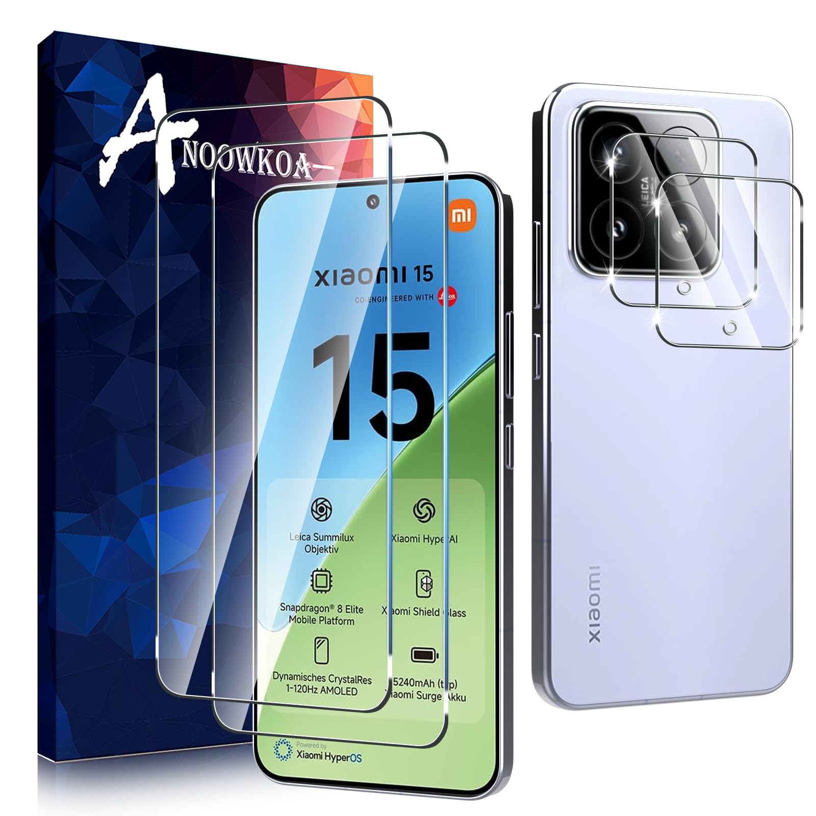 Anoowkoa 2 Pack for Xiaomi 15 Screen Protector + [2 Pack] Xiaomi 15 Camera Lens Tempered Glass Protector.9H Hardness.Support Fingerprint Unlock Bubble-Free.Easy Installation