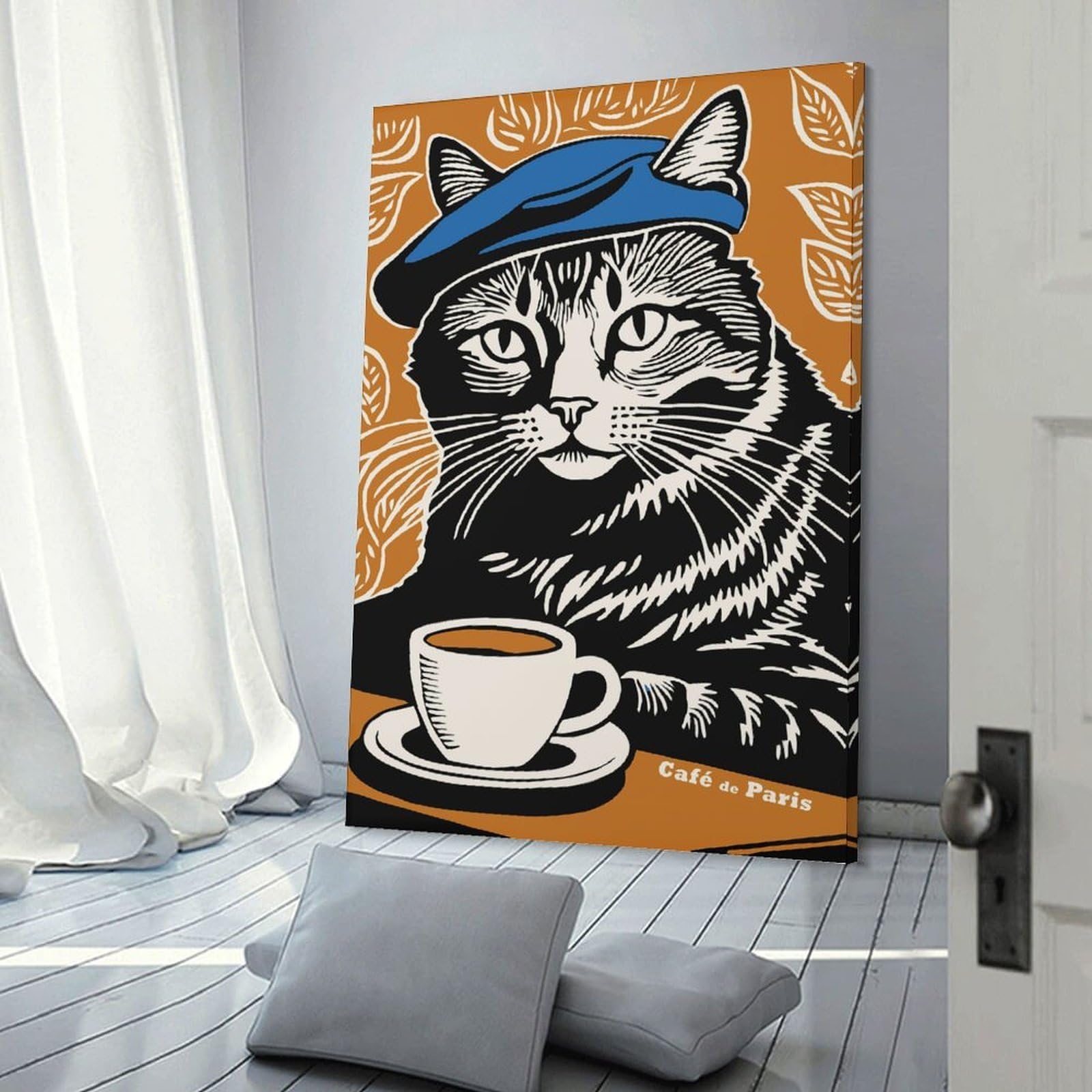 Junmoney Cat in Beret with Coffee Wall Picture Print 12x18inch(30x45cm), for Picture Wall Styling in Lounge Or Bedroom, Ideal for Building A Coordinated Art Wall