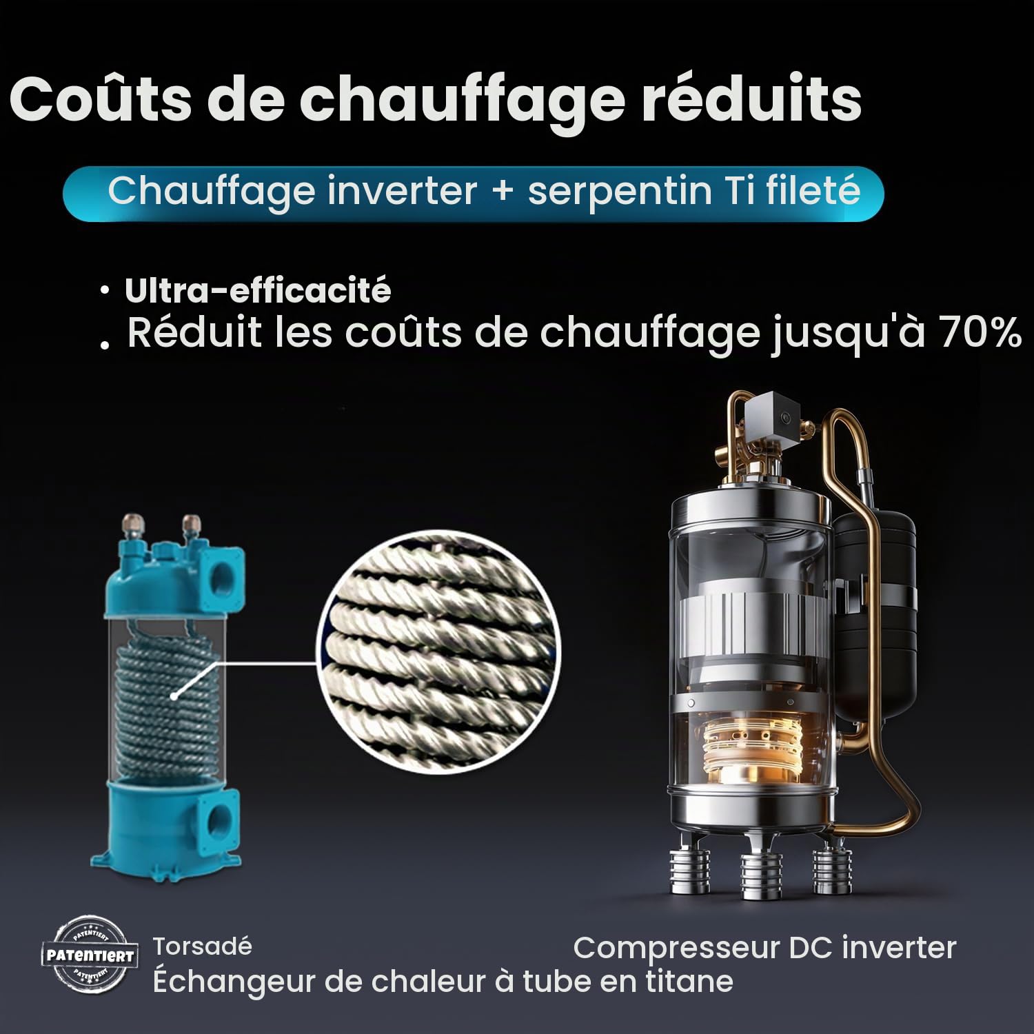 ECOPOOLTECH Pompe à chaleur inverter pour piscine 6 kW pour les piscines jusqu'à 50 m³ | Échangeur de chaleur en titane, compresseur Turbo-X et eau salée pour le chauffage des piscines compatibles.
