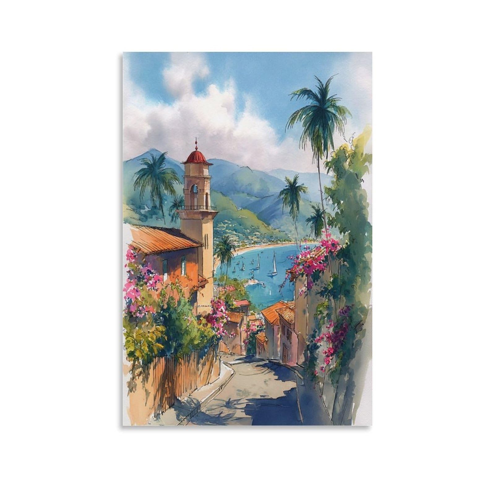 LCYNNH Puerto Vallarta Watercolor 24x36inch(60x90cm) Vintage Travel Poster Watercolor Canvas Art
