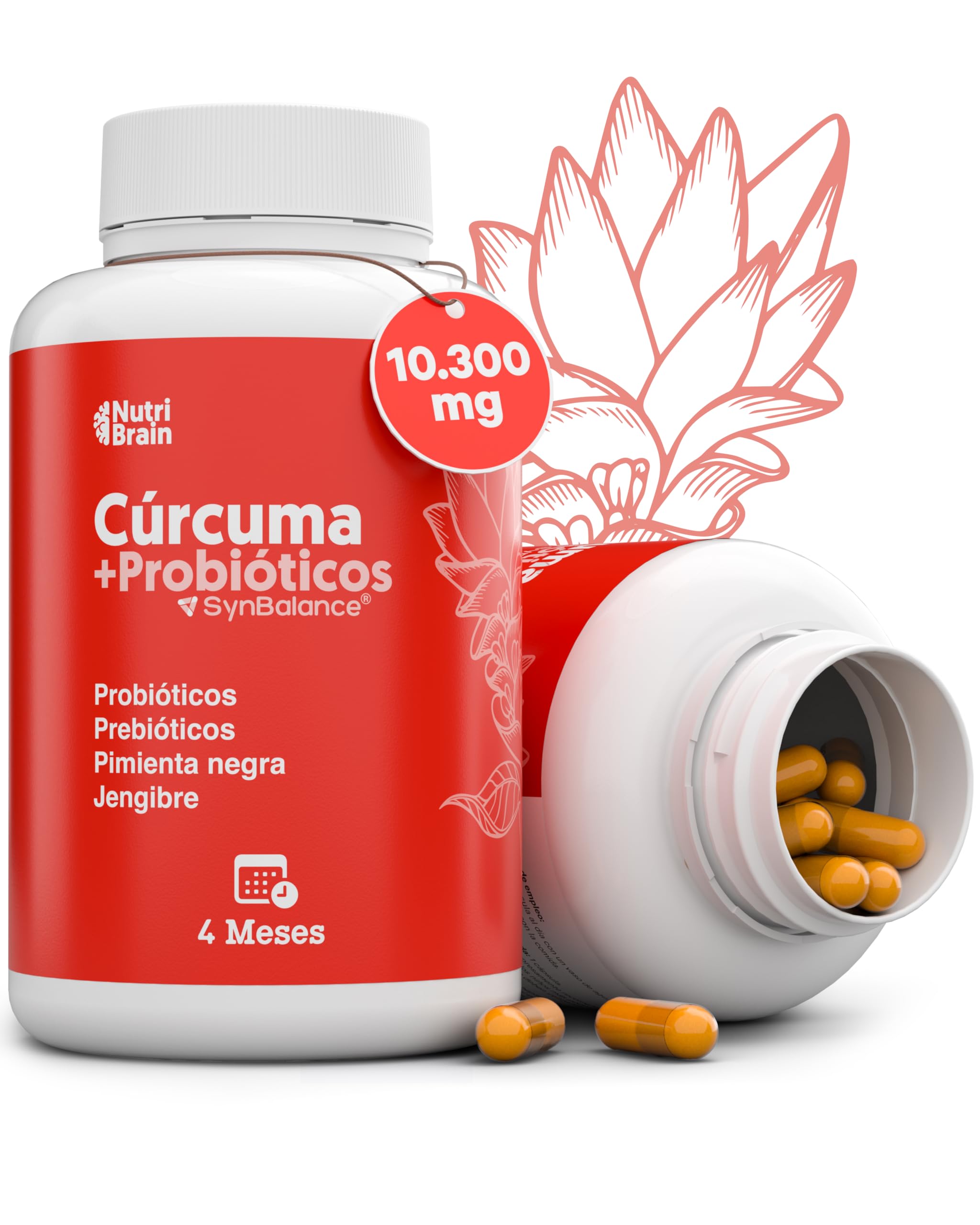 Cúrcuma concentrada 1:66 con jengibre, pimienta negra, probiótico y prebiótico,
