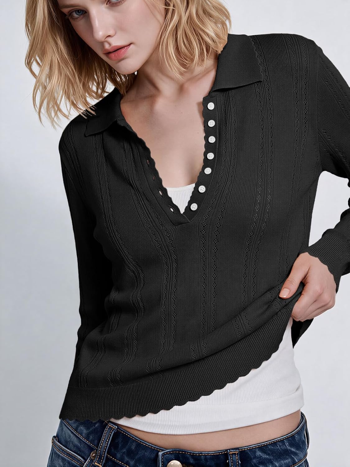 Outfeel Women's Pointelle Knit Polo Shirt Long Sleeve Button Henley Top